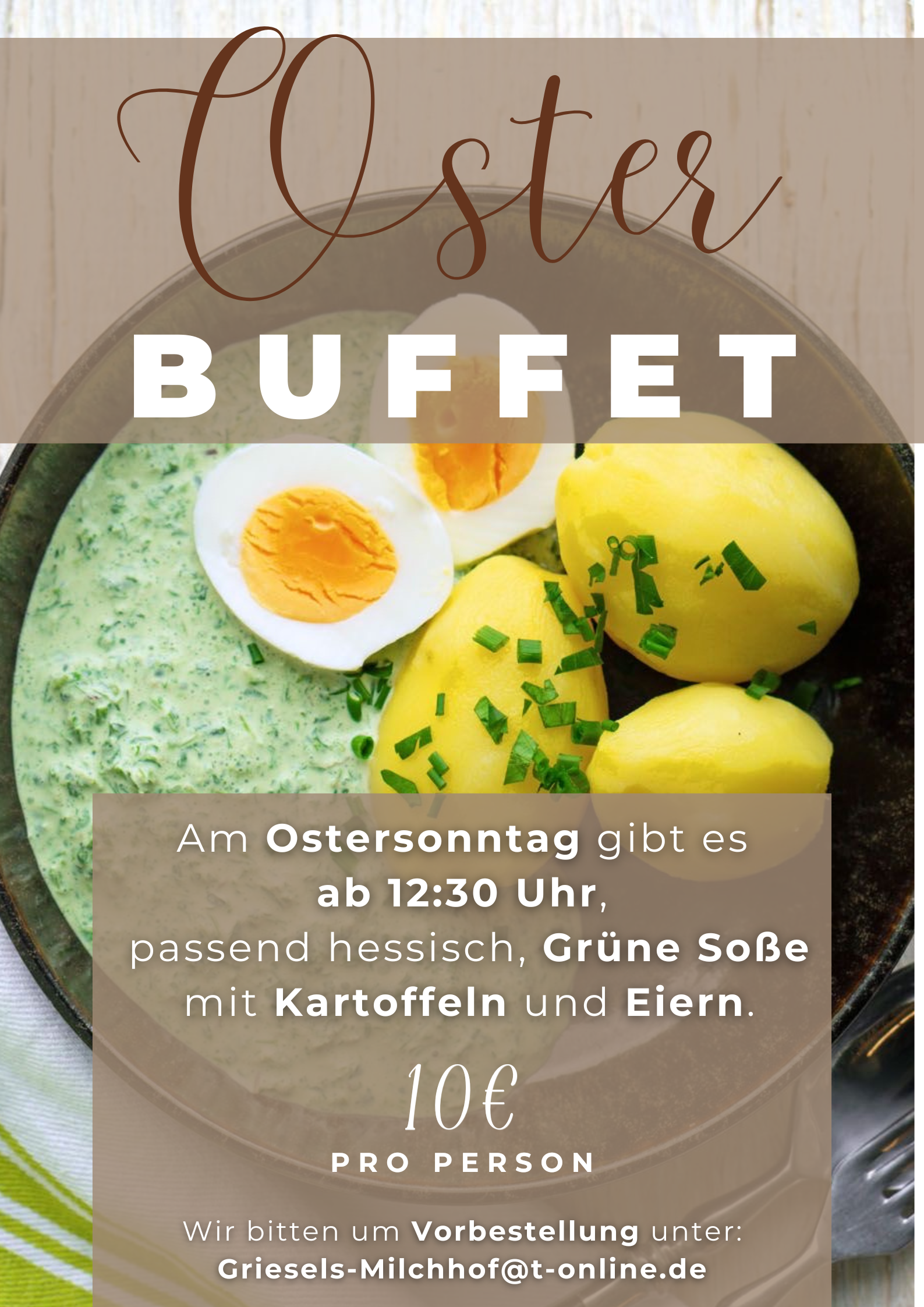 Buffet mit grüner Soße, Kartoffeln und Eiern